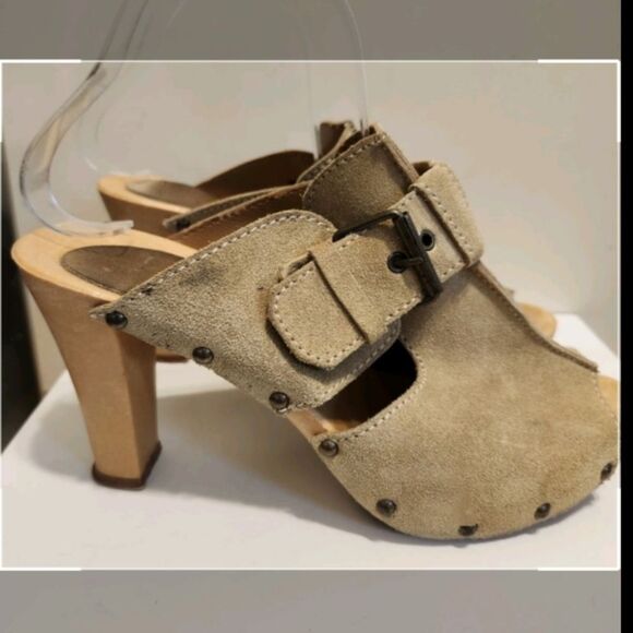 Vtg Mint '80s Original Candie's Tan Suede "Wood" Sole Mules Sz.9 Made in Italy - Picture 2 of 9